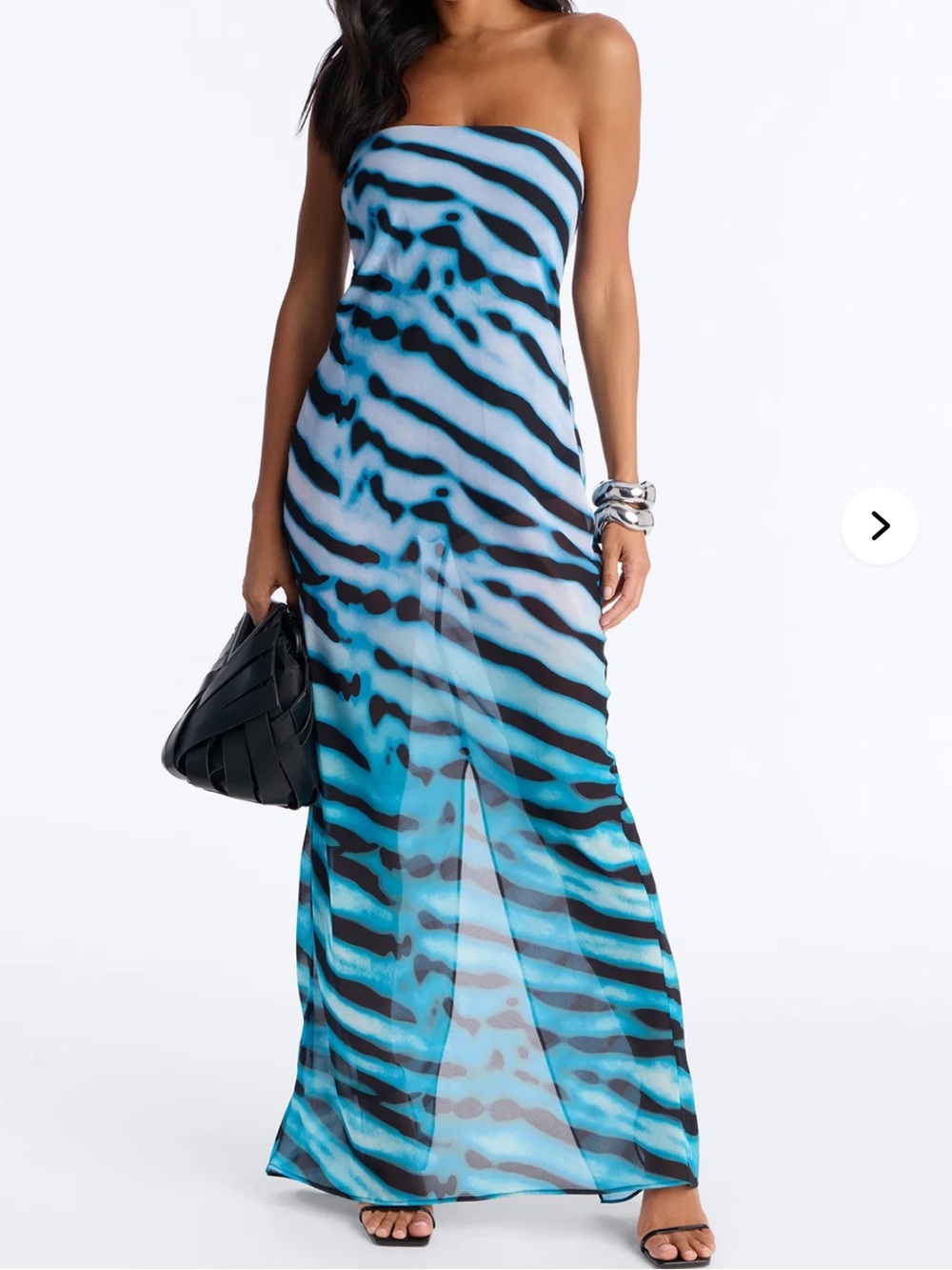 Fashion Nova Turquoise & Black Strapless Zebra-Print Maxi Dress